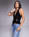 [ASOS DESIGN] ASOS DESIGN slinky halter neck top with gold trim in black S Black