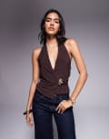 [ASOS DESIGN] ASOS DESIGN slinky halter neck top with gold trim in brown M Brown