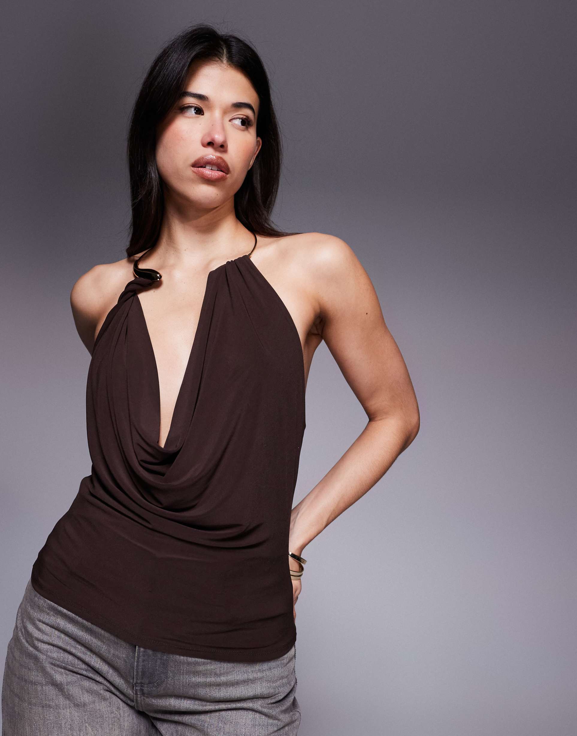 asos design slinky halter top with neck trim detailing in brown