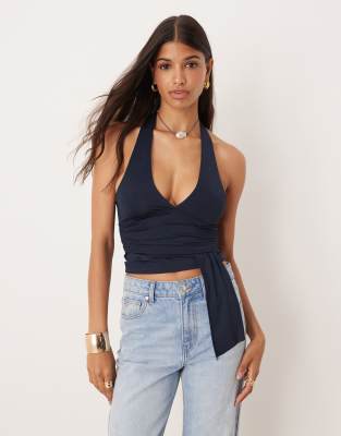 Asos Design Slinky Halter Top With Waist Drape Detail In Blue