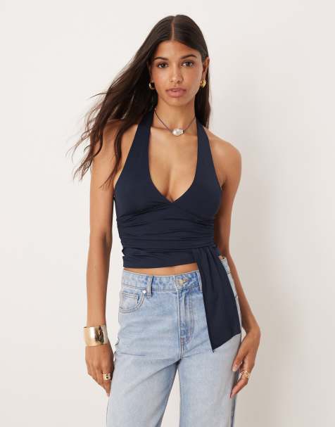 ASOS DESIGN slinky halter top with waist drape detail in navy - view 1