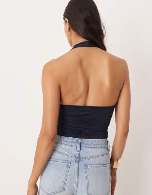 Asos Design Slinky Halter Top With Waist Drape Detail In Blue