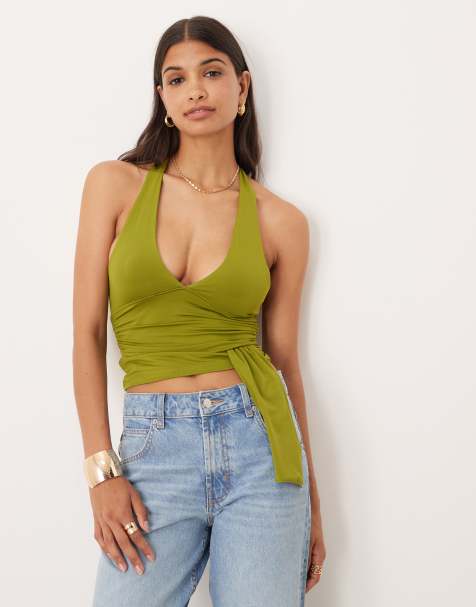 ASOS DESIGN slinky halter top with waist drape detail in olive green - view 1