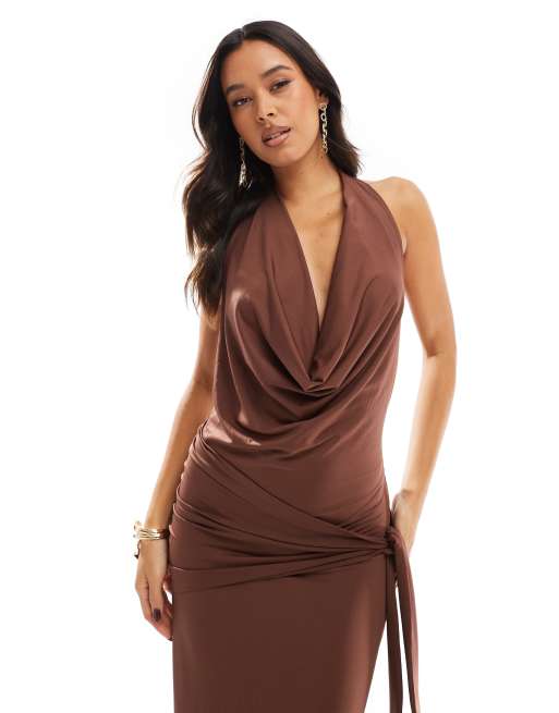 sachin and babi light blue dress Charcoal Cross Front Low Cut Ruched Halterneck Slinky Maxi Dress main image 1