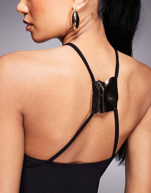 ASOS DESIGN slinky halterneck asymmetric top with back gold trim detail in black, 2 of 4