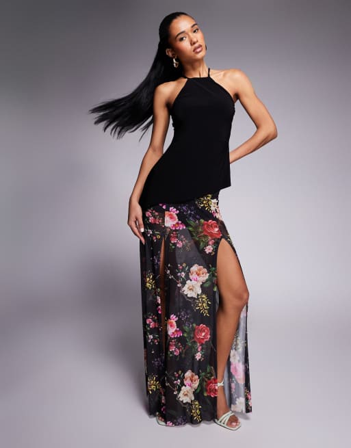 ASOS DESIGN slinky halterneck asymmetric top with back gold trim detail in black, 3 of 4