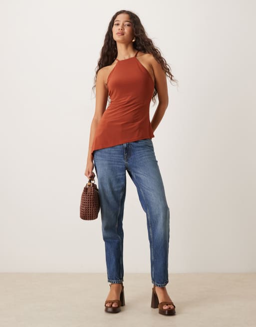 ASOS DESIGN slinky halterneck asymmetric top with back gold trim detail in rust, 3 of 4