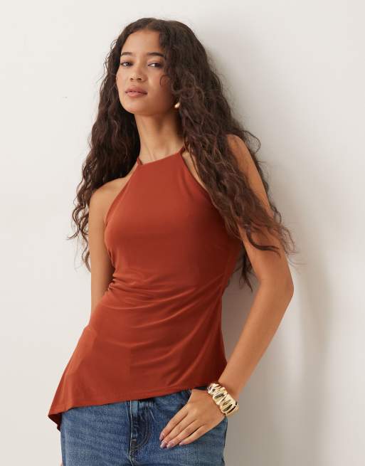 ASOS DESIGN slinky halterneck asymmetric top with back gold trim detail in rust, 4 of 4