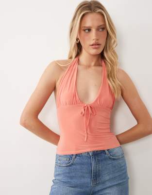slinky halterneck top in coral-pink