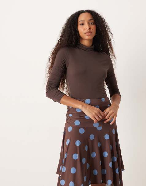 ASOS DESIGN slinky hanky hem midi skirt in brown and blue polka dot - view 1