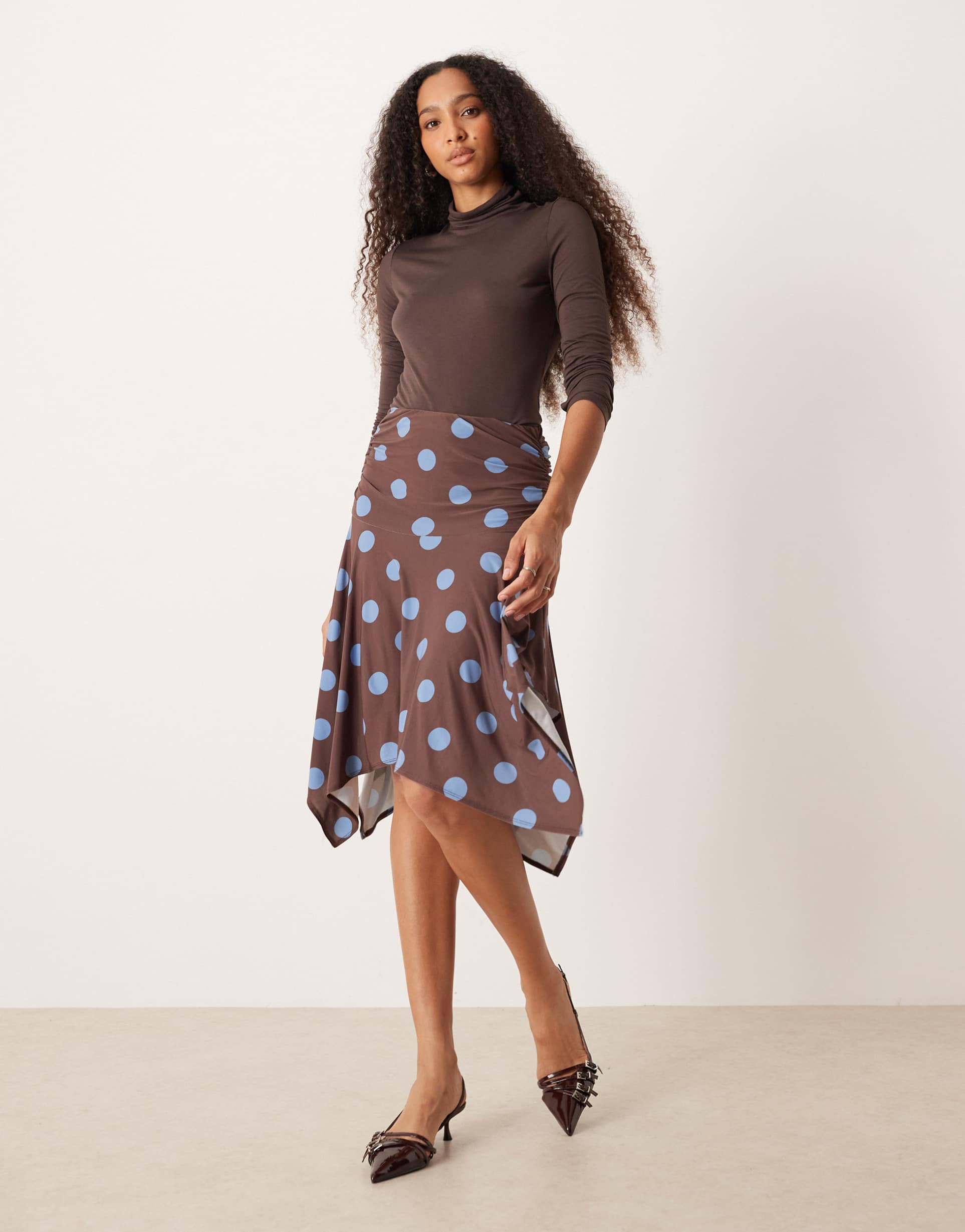 asos design slinky hanky hem midi skirt in brown and blue polka dot