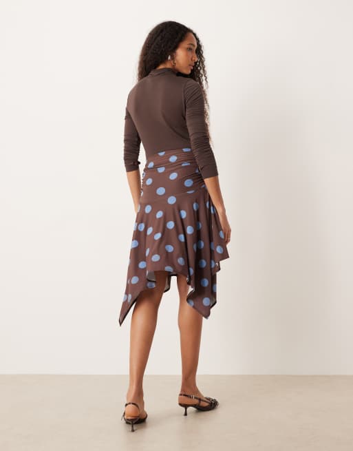 ASOS DESIGN slinky hanky hem midi skirt in brown and blue polka dot, 2 of 5