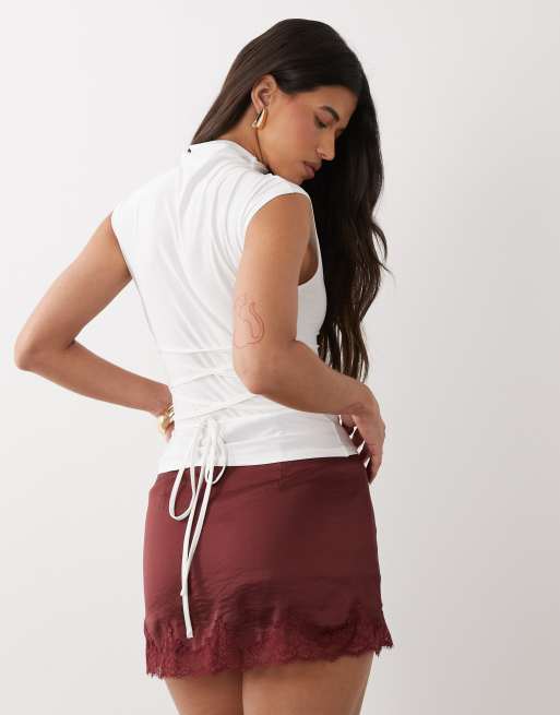 ASOS DESIGN slinky high neck lace up back top in ivory, 2 of 4