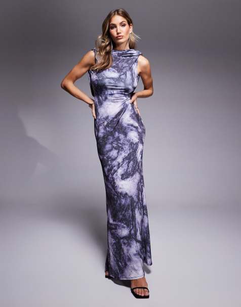 ASOS DESIGN slinky high neck maxi dress with deep drape back detail in blue marble print - view 1