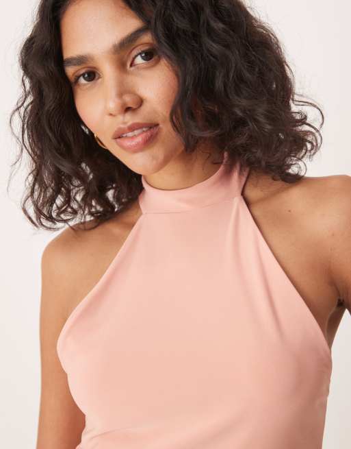 ASOS DESIGN slinky high neck racer tank top in pastel pink, 3 of 4