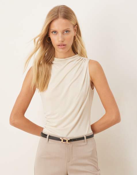ASOS DESIGN slinky high neck ruched top in almond - view 1