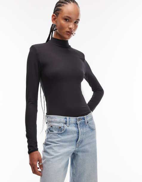 ASOS DESIGN slinky high neck shoulder pad long sleeve bodysuit in black - view 1