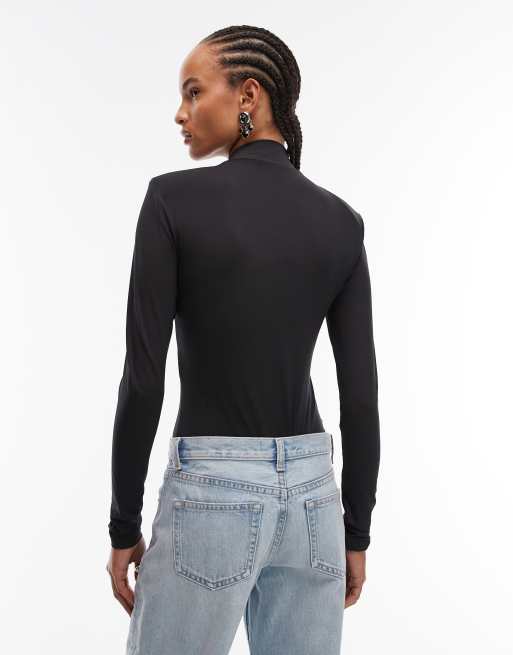 ASOS DESIGN slinky high neck shoulder pad long sleeve bodysuit in black, 3 of 4