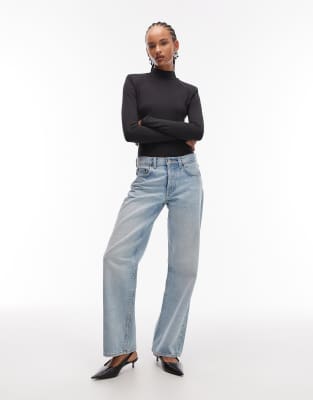 Asos Design Slinky High Neck Shoulder Pads Long Sleeve Bodysuit In Black