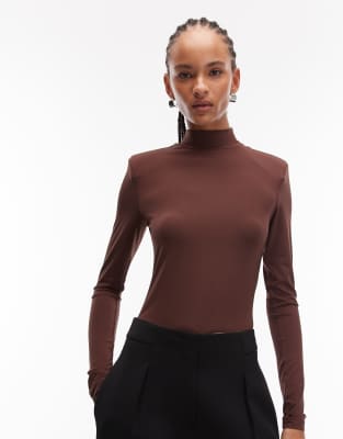Asos Design Slinky High Neck Shoulder Pads Long Sleeve Bodysuit In Brown