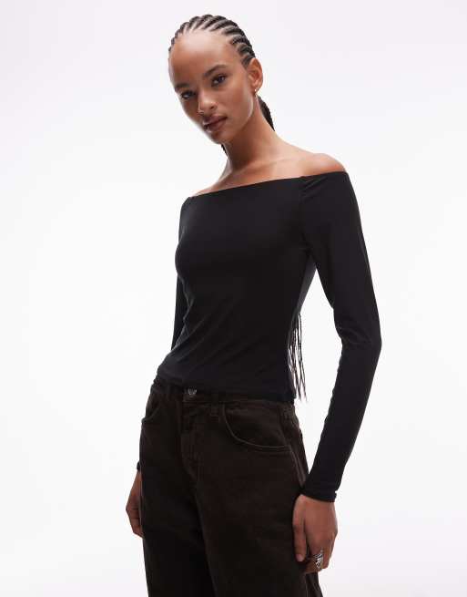 ASOS DESIGN slinky high off the shoulder top in black