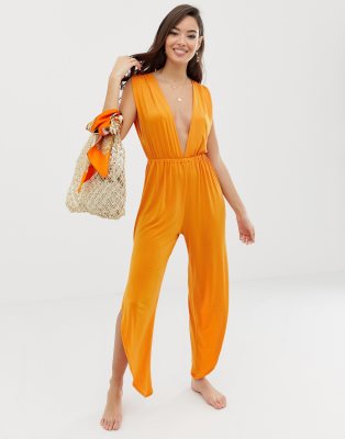 orange plunge jumpsuit