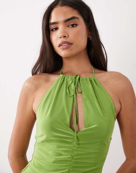 ASOS DESIGN slinky key hole ruched halter top in green - view 1