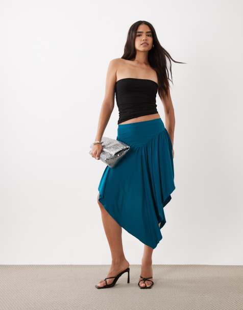 ASOS DESIGN slinky kjol med V-formad front, rynkad, asymmetrisk fåll, midi, teal - view 1