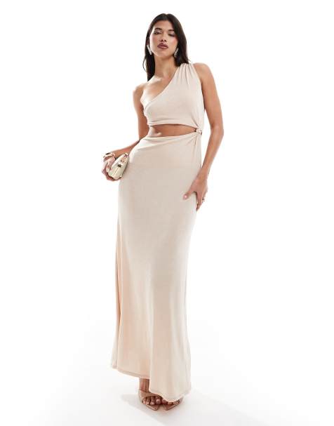 ASOS DESIGN slinky knot asymmetric maxi dress in light pink - view 1