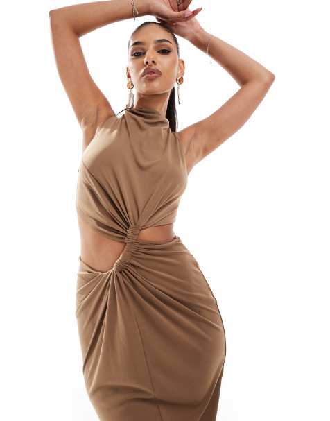 ASOS DESIGN slinky knot detail cut out midi dress in mocha - view 1