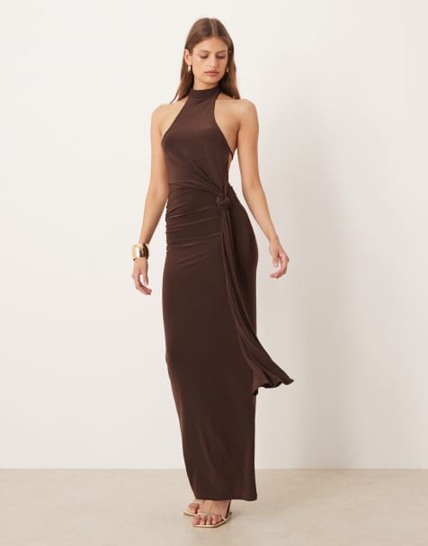 ASOS DESIGN slinky knot front cowl neck maxi dress in chocolate - view 1