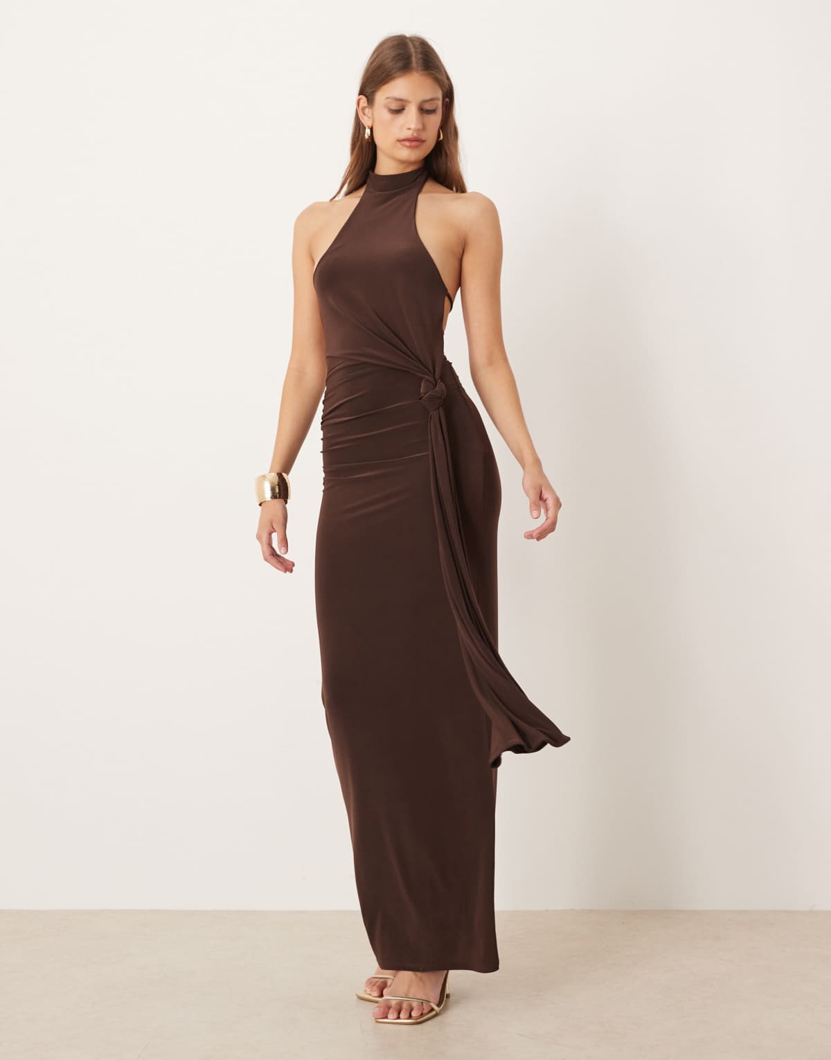 ASOS DESIGN slinky knot front cowl neck maxi dress in chocolate
