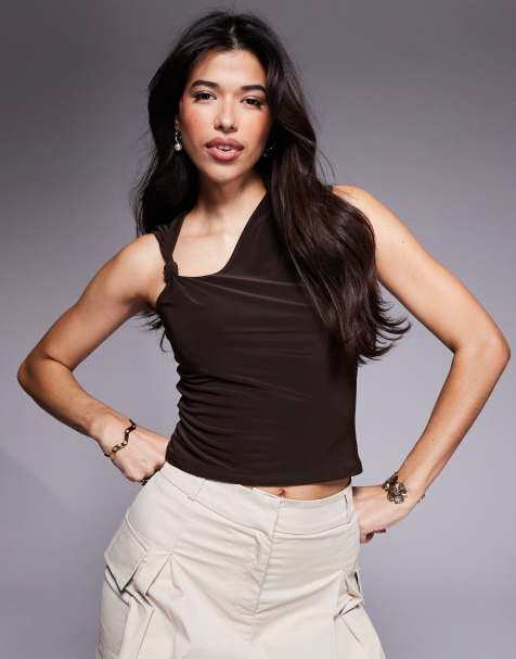 ASOS DESIGN slinky knot shoulder tank top in brown - view 1