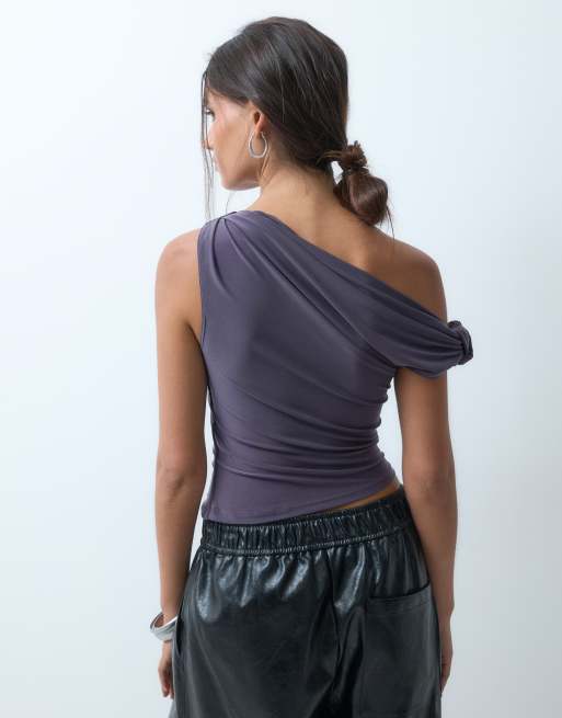 ASOS DESIGN slinky knot shoulder top with asymmetric hem in charcoal, 2 of 4