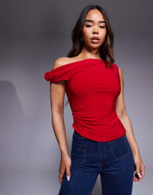 Asos Design Slinky Knot Shoulder Top With Asymmetric Hem In Red