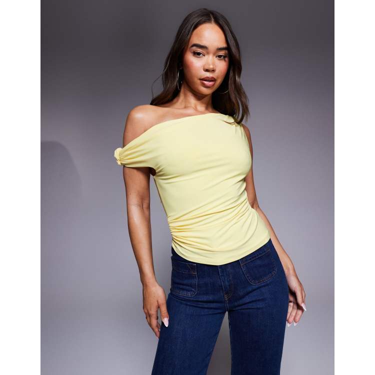 ASOS DESIGN slinky knot shoulder top with asymmetric hem in