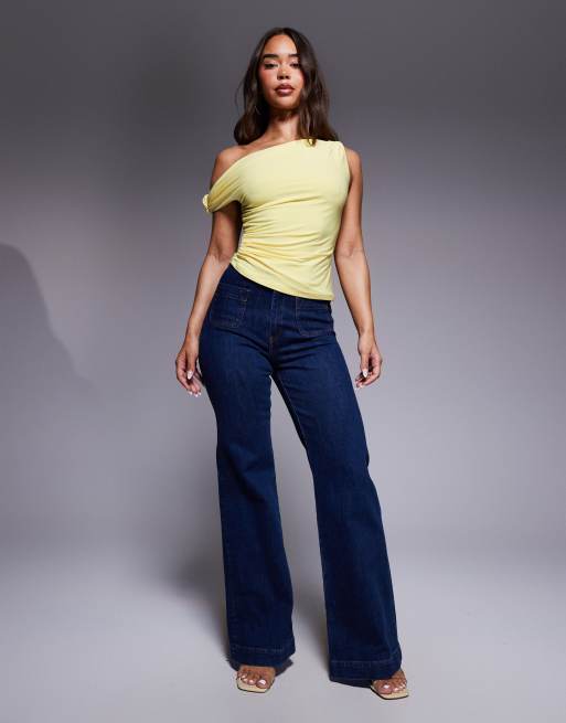 ASOS DESIGN slinky knot shoulder top with asymmetric hem in