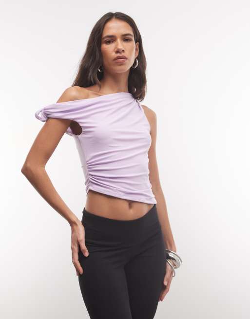 ASOS DESIGN slinky knotted shoulder top with asymmetric hem in lilac, 3 of 4