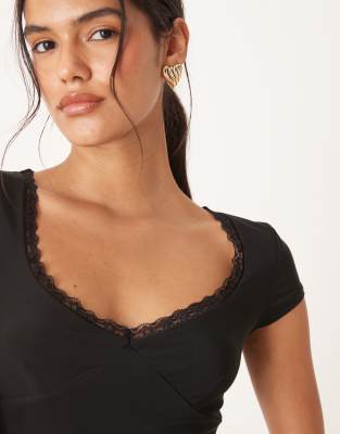 Asos Design Slinky Lace Short Sleeve Top In Black