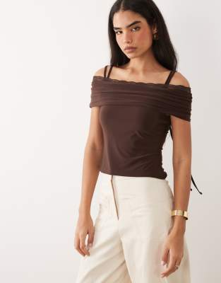 Asos Design Slinky Lace Trim Bandeau Top With Straps In Brown