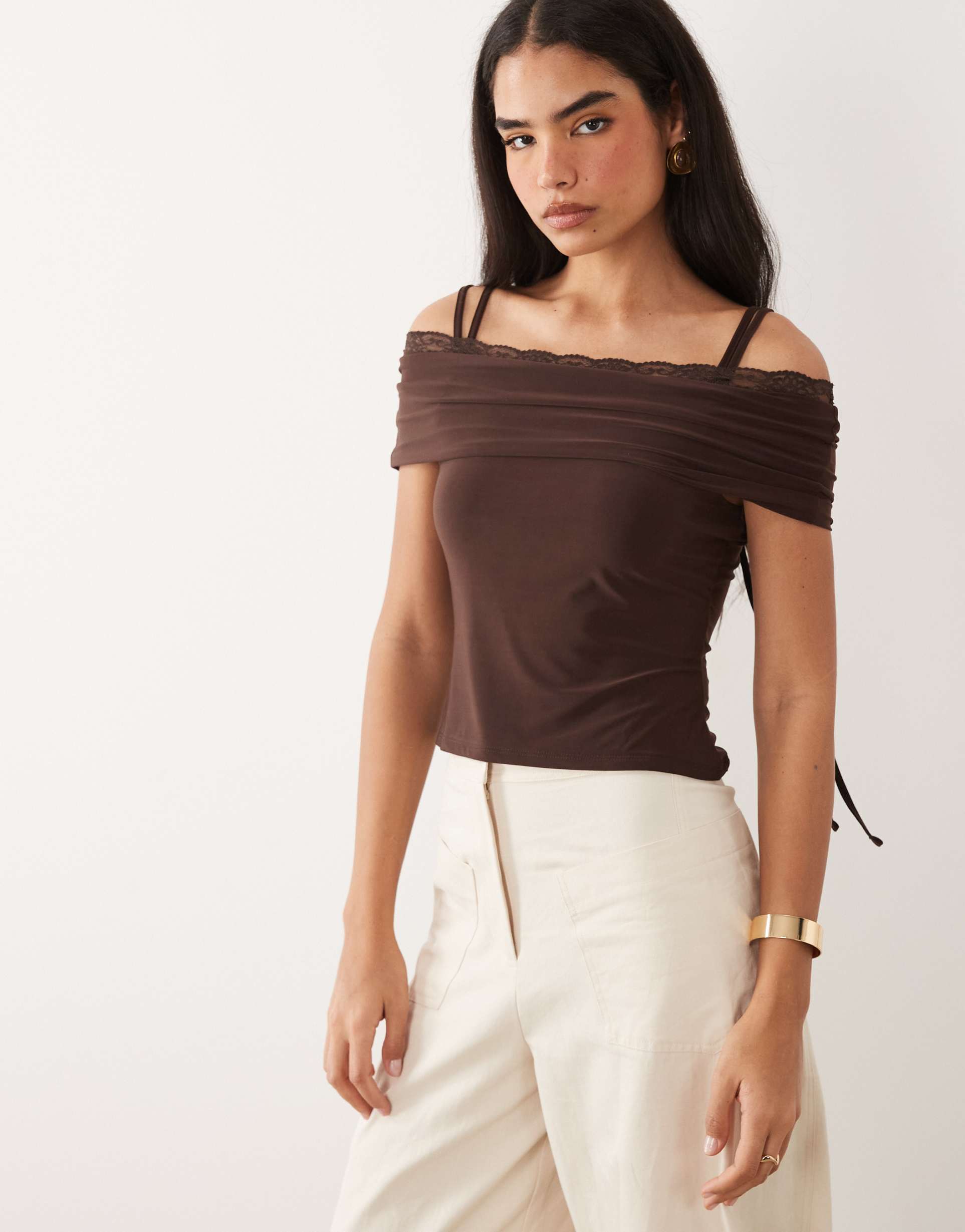 asos design slinky lace trim bandeau top with straps in chocolate