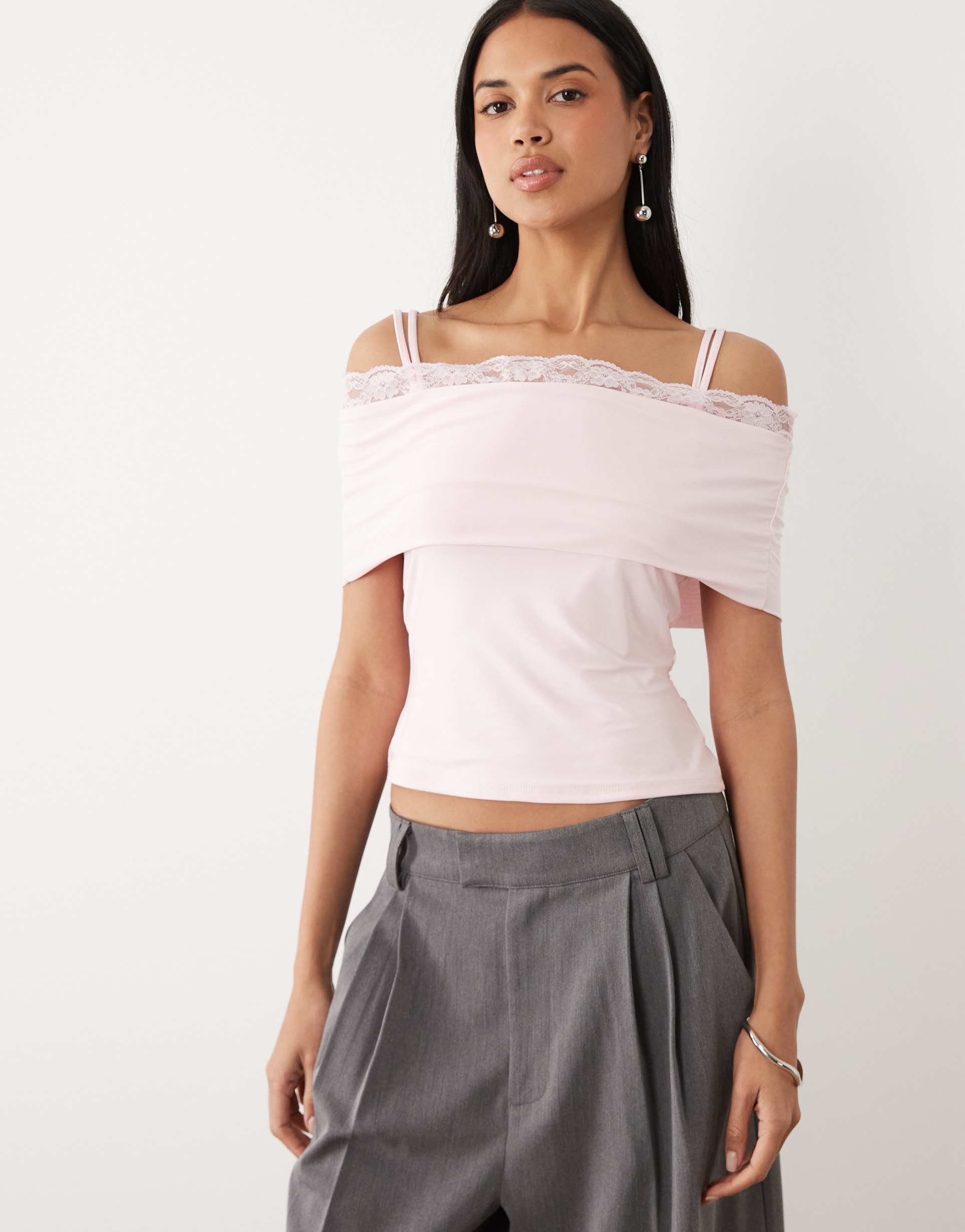asos design slinky lace trim bandeau top with straps in pink