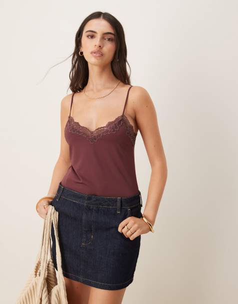 ASOS DESIGN slinky lace trim bodysuit in berry - view 1