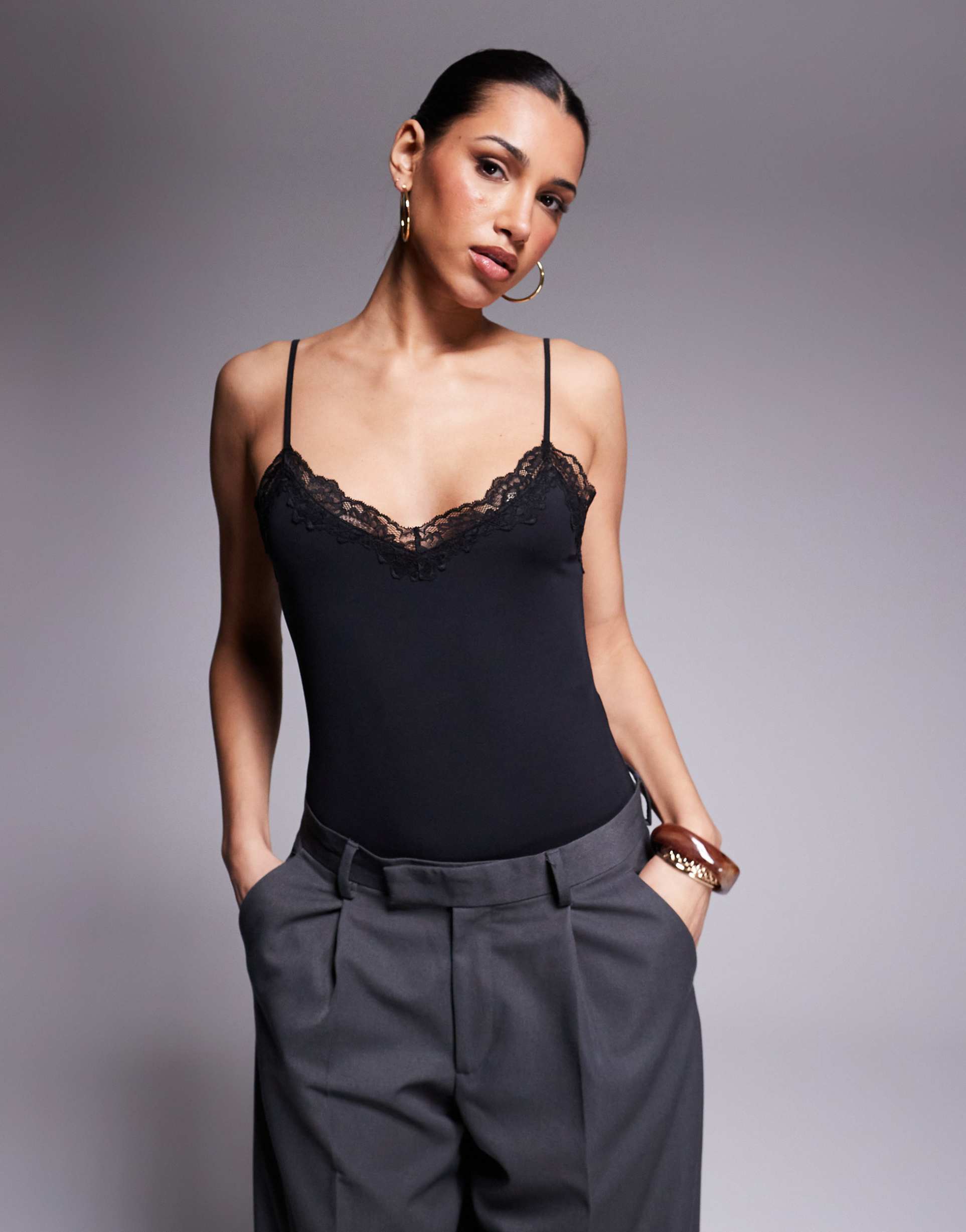asos design slinky lace trim bodysuit in black