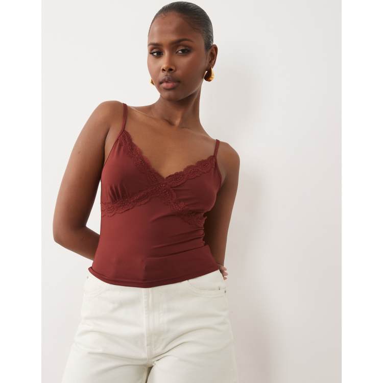 ASOS DESIGN slinky lace trim cami top in rust red | ASOS