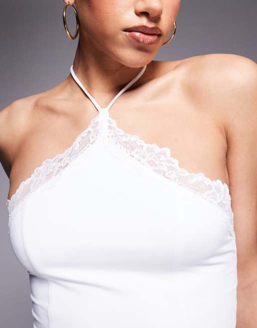 ASOS DESIGN slinky lace trim halter top in ivory, 4 of 4