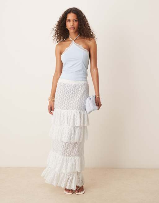 ASOS DESIGN slinky lace trim halter top in pale blue