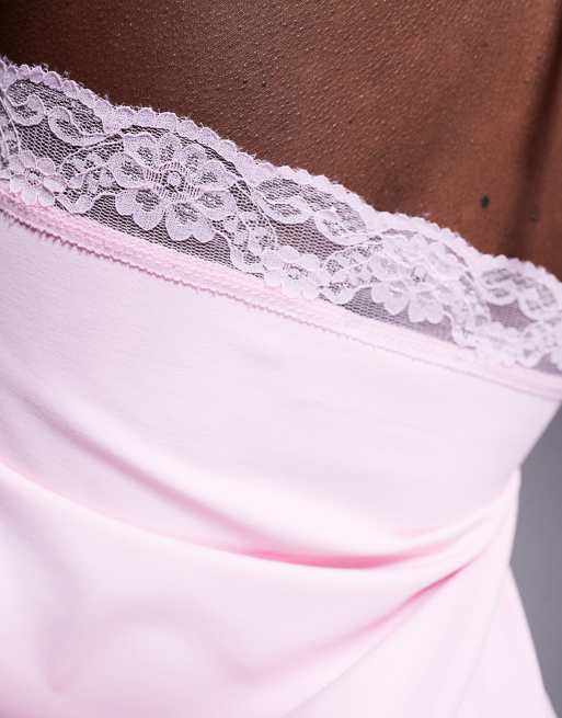 ASOS DESIGN slinky lace trim halter top in pastel pink, 3 of 4