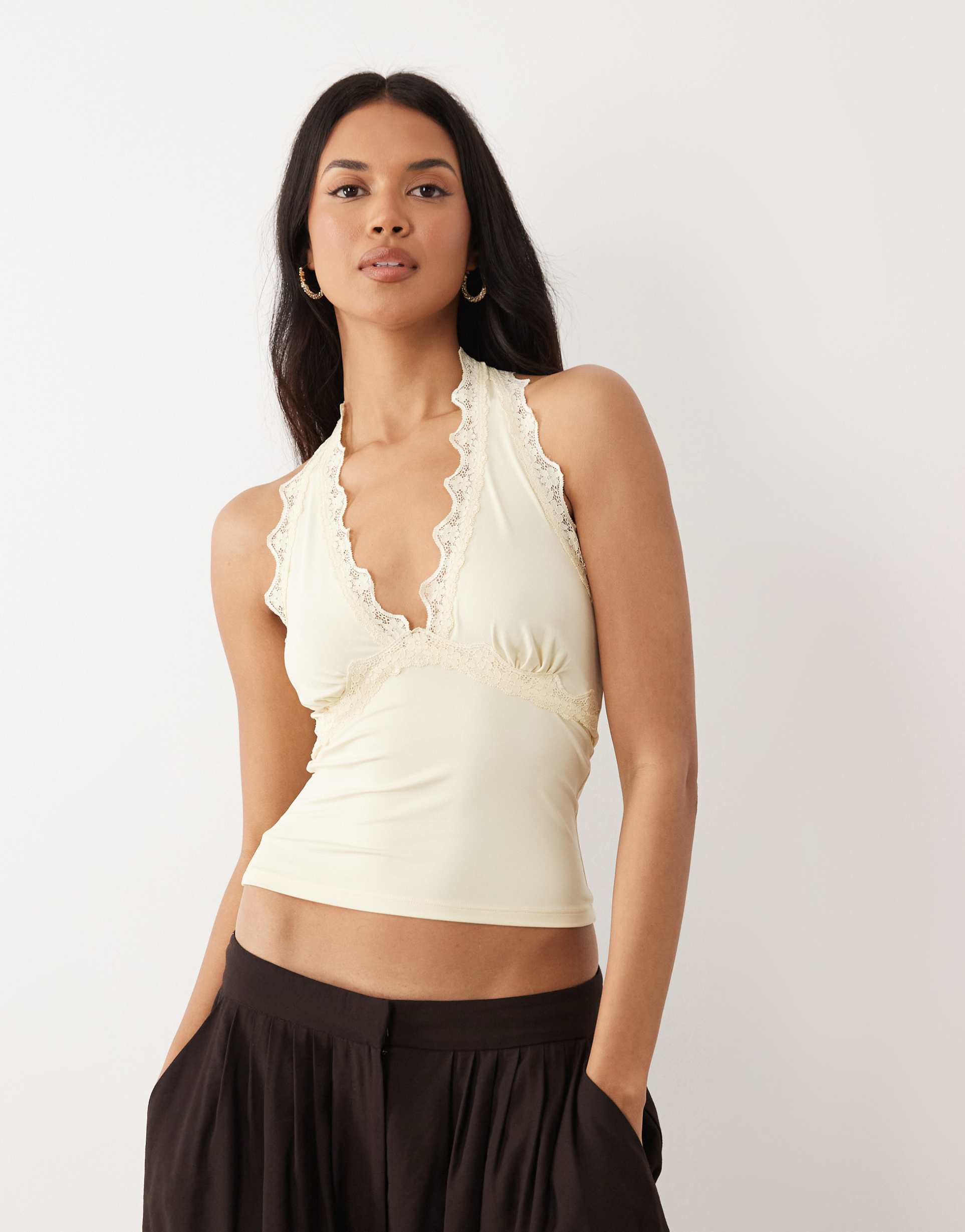asos design slinky lace trim halterneck top in buttermilk