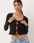 [ASOS DESIGN] ASOS DESIGN slinky lace trim long sleeve tie front top in black XS Black